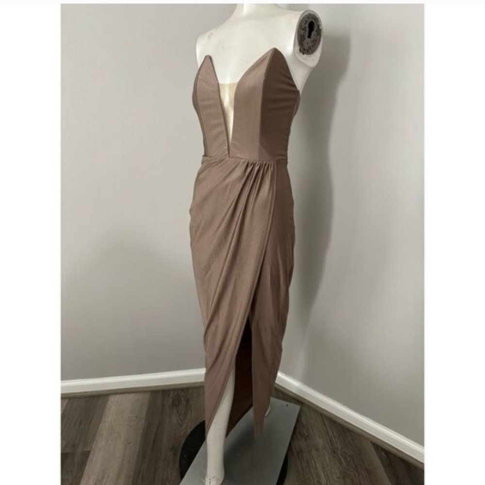 NWT Michael Costello X Revolve Womens Satin Surplice Skirt Jake Gown Taupe Small - Picture 10 of 11